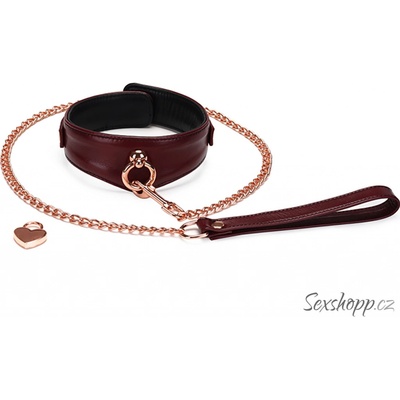 Liebe Seele Wine Red Curved Collar & Leash, bdsm kožený obojok s vodítkom