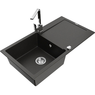 Mexen Leo еднокамерен мивка от гранит с отцедник и кухненски батерия Rita, черен/златен металик - 6501-75-670300-00 (6501-75-670300-00)