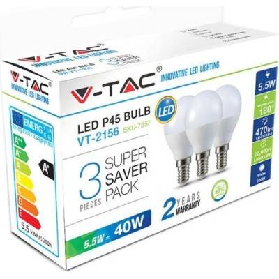 V-TAC E14 LED žiarovky 5,5W 470Lm, 3-ks P45, Teplá biela 2700K