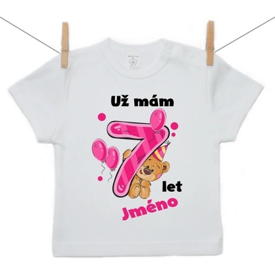 Boodyy tričko s krátkým rukávem Už mám 7 let s Medvídkem a jménem dítěte dívka