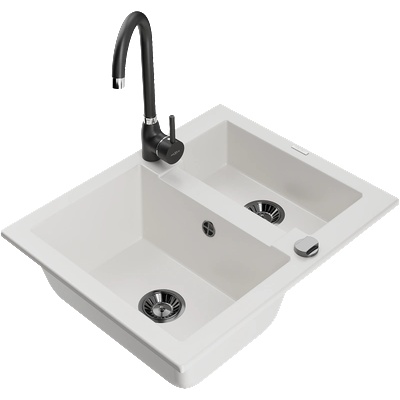 Mexen Carlos гранитна мивка с 1, 5 камери с кухненски смесител Telma, бял - 6518-20-670200-70 (6518-20-670200-70)