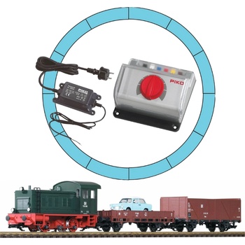 Piko G Стартов Сет със звук с дизелов локомотив v 20, два товарни вагона и кола (37121)