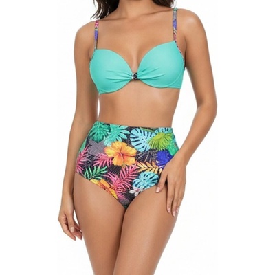 Бански от 3 части в зелена мента с цветни листа и цветя