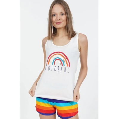 Лятна пижама в бяло с дъга и цветно райе