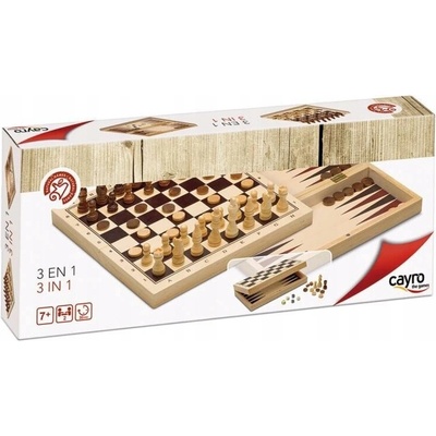 Šachová sada Cayro 648 stolní hra 3 v 1 šachy + dáma + vrhcáby dřevěná