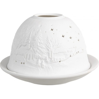 Bílý porcelánový svícen na čajovou svíčku vesnice pod hvězdami – 12x8 cm