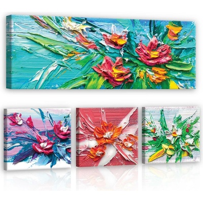 Postershop Obraz na plátně: Květiny malované - set 1ks 80x30 cm a 3ks 25,8x24,8 cm