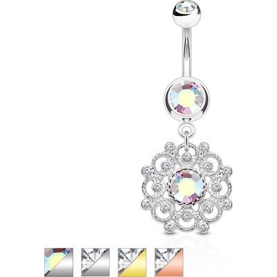 Šperky eshop ocelový piercing do pupíku filigránová vintage květina zdobená krystaly O11.18 stříbrná duhová