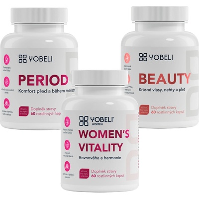 Yobeli Akční balíček pro ženy Krása a rovnováha doplňky stravy Women's vitality 60 kapslí Beauty 60 kapslí Period 60 kapslí