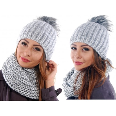 Fashionweek zimní set čepice a šála pletený tunel Mixcolor ZIZI11 světle šedá
