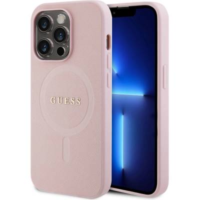 GUESS PU Saffiano MagSafe Leather Hard Case - дизайнерски кожен кейс с MagSafe за iPhone 15 Pro (розов)