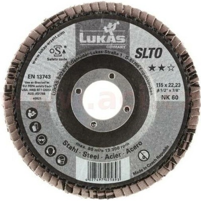 Lamelový kotouč šikmý 115 mm (pro Inox/ocel, ocel, litina) hrubost P40, LUKAS (Německo) ACI SH K0055