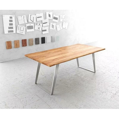 DELIFE Jídelní stůl Edge 200x100cm přírodní akácie nerezová ocel stříbrná šikmá