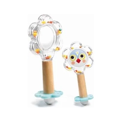 DJECO - Дървена бебешка дрънкалка с огледало - Цвете с птиче (DJ06118)