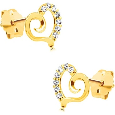 Šperky eshop náušnice ze žlutého zlata kontura asymetrického srdce se zirkonovou polovinou GG188.62