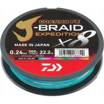 Daiwa Pletená Šnúra J-Braid X8 Expedition Multicolor 300m 0,24mm/22,2kg