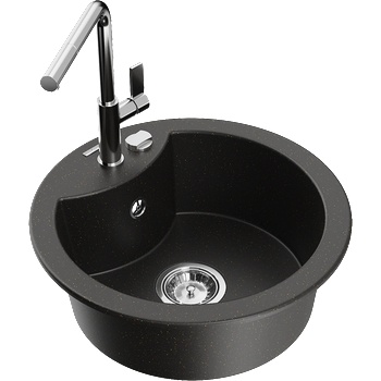 Mexen Diego гранитна мивка с 1 корито с кухненски смесител Flora, черен/златен металик - 6512-75-670401-00 (6512-75-670401-00)