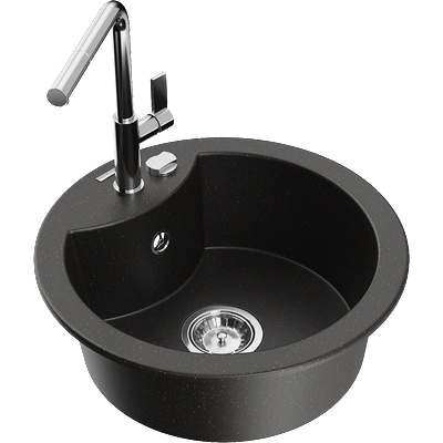 Mexen Diego гранитна мивка с 1 корито с кухненски смесител Flora, черен/златен металик - 6512-75-670401-00 (6512-75-670401-00)