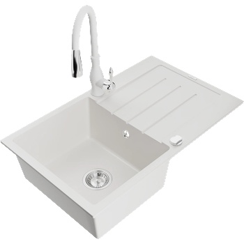 Mexen Bruno еднокоморна гранитна мивка с отцедник и кухненски смесител Savita, бял - 6513-20-672601-20 (6513-20-672601-20)