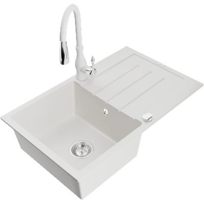 Mexen Bruno еднокоморна гранитна мивка с отцедник и кухненски смесител Savita, бял - 6513-20-672601-20 (6513-20-672601-20)