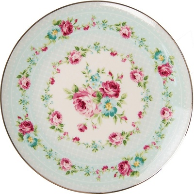 Clayre & Eef Zelený porcelánový dezertný tanier s kvetmi 21 x 2 cm