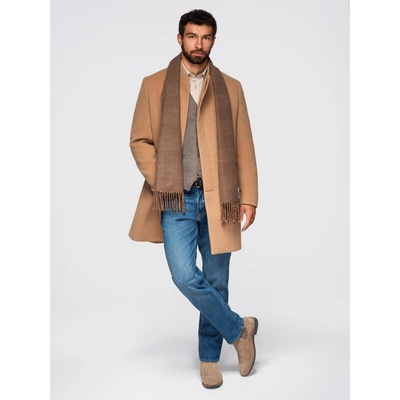 Ombre Men's coat with asymmetrical fastening and high collar light brown modrá krémová