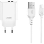 XO CE34 мрежово зарядно устройство с 2 USB порта, 12 W, бързо зареждане + microUSB кабел, БЯЛО (XO-CE34+MICROUSB)
