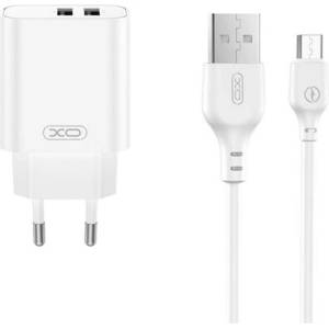 XO CE34 мрежово зарядно устройство с 2 USB порта, 12 W, бързо зареждане + microUSB кабел, БЯЛО (XO-CE34+MICROUSB)