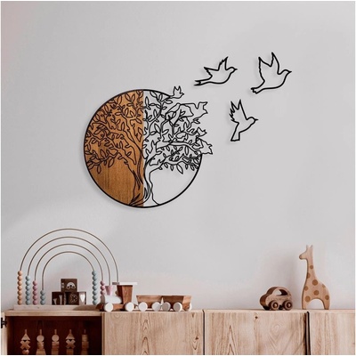 Asir | Nástěnná dekorace 60x56 cm strom a ptáci dřevo/kov | AS1686