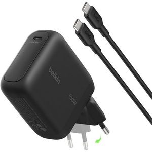 Belkin BoostCharge мрежово зарядно устройство с Type-C конектор, 100 W, PD бързо зареждане + кабел Type-C, ЧЕРНО (WCH025KQ1.5BKB6)