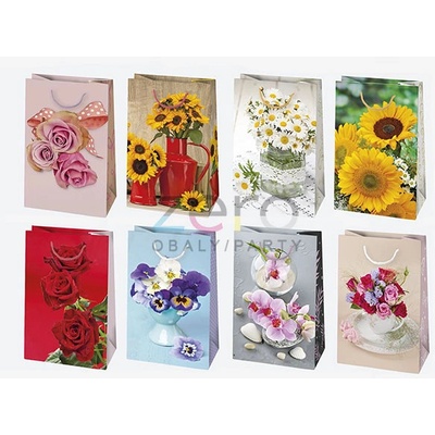 Taška papírová dárková 10x16x6 cm (lak) - květy (mix)