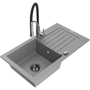 Mexen Pablo кухненска мивка от гранит, 1-корито с отцедник и кухненски смесител Aster, сив - 6510-71-73450-07-B (6510-71-73450-07-B)