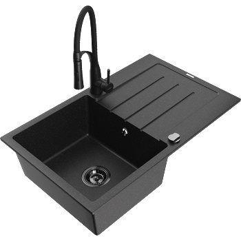 Mexen Bruno гранитна мивка с 1 отделение с плот и кухненски смесител Aster, черно/сребрист металик - 6513-73-73450-70-B (6513-73-73450-70-B)