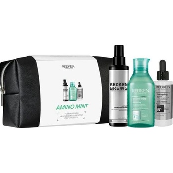 Redken Amino-Mint Shampoo подаръчен комплект: шампоан Amino-Mint Shampoo 300 ml + спрей за коса Brews Instant Thickening Spray 125 ml + грижа за косата Thickening Treatment 90 ml + козметична чанта за жени