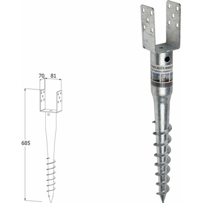 Domax zemná zaskrutkovacia pätka stĺpika PWU 80/685 - 81 x 70 x 135 x 550 x 685 x 1.8 mm x 4 mm 6 ks