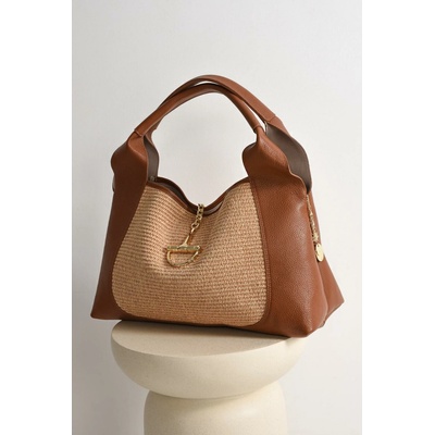 PECA del SOL KOŽENÁ VELKÁ HOBO kabelka S PLETENÍM HNĚDÁ Cognac Raffia