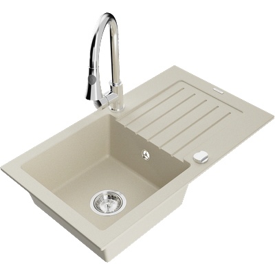 Mexen Pablo еднокоморна гранитна мивка с отцедник и кухненски смесител Elia, бежово - 6510-69-670101-00 (6510-69-670101-00)