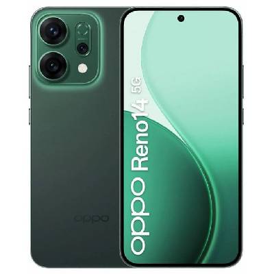 Смартфон Oppo Reno14 5G (зелен), поддържа 2 SIM карти, 6.59" (16.73 cm) FHD+ AMOLED 120Hz дисплей, осемядрен Mediatek Dimensity 8350 3.35 GHz, 12GB LPDDR5X, 512GB Flash памет, 50 + 50 + 8 & 50 Mpix камери, Android (CPH2737_12+512_LG)