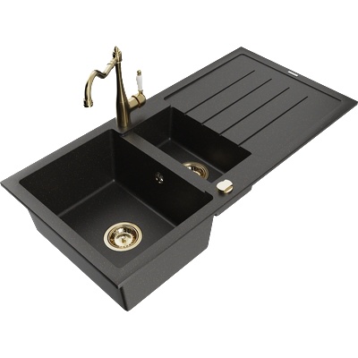 Mexen Andres гранитна мивка 1, 5-камерна с отцедник и кухненски смесител Carla, черно/златист металик - 6515-75-670700-50 (6515-75-670700-50)