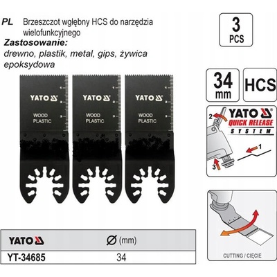 YATO Pilový list na ponor. řezy HCS pro multifunkční nářadí, 34mm (dřevo, plast), sada 3ks