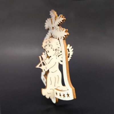 AMADEA Dřevěná ozdoba 3D zvonek anděl s trianglem 9 cm