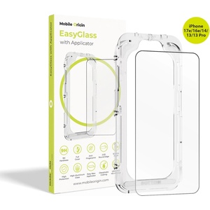 Mobile Origin Калено стъклено защитно покритие за дисплея на iPhone 17e, iPhone 16e, iPhone 14, iPhone 13, iPhone 13 Pro - Mobile Origin EasyGlass Full Cover Tempered Glass With Applicator (черен-прозрачен) (EGA-i1