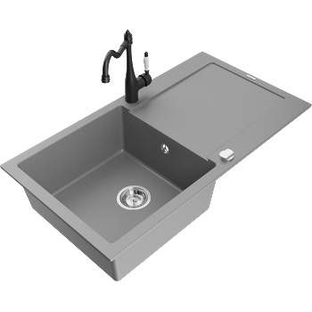 Mexen Leo гранитна кухненска мивка с 1 отделение, отцедник и кухненски смесител Carla, сив - 6501-71-670700-70 (6501-71-670700-70)