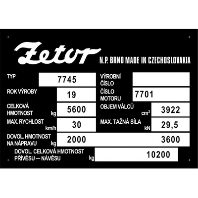 Výrobní štítek Zetor 7745 30km