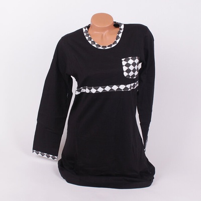 Памучна нощница в черен цвят с карирани кантове в бяло