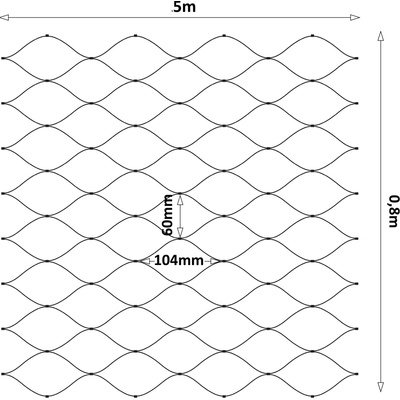 Černá lanová síť, 0,8 x 5 m, oko 60 x 104 mm, ø 2 mm, AISI 304