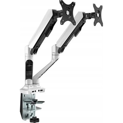 Polohovatelný držák pro 2 monitory, 2-9KG, svorka a průchodka stolu, 17"-30", USB HUB + Jack, 75x75/100x100, šedý