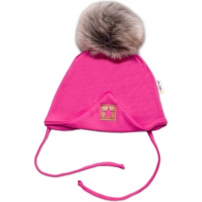 Baby Nellys Bavlněná dvouvrstvá čepice s bambulí na zavazování Star růžová