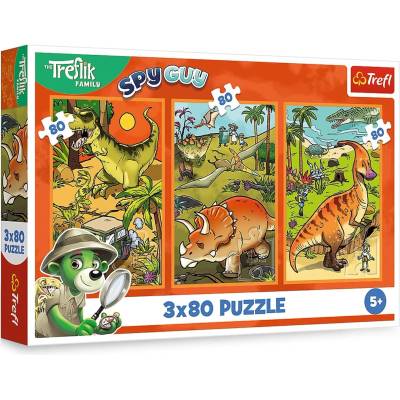 Trefl Детски пъзел Trefl от 3 x 80 части - Трефликс в света на динозаврите (34888)