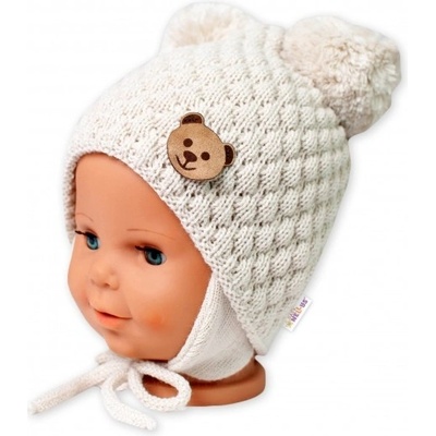 BABY NELLYS Zimná pletená čiapka Teddy Bear na zaväzovanie ecru